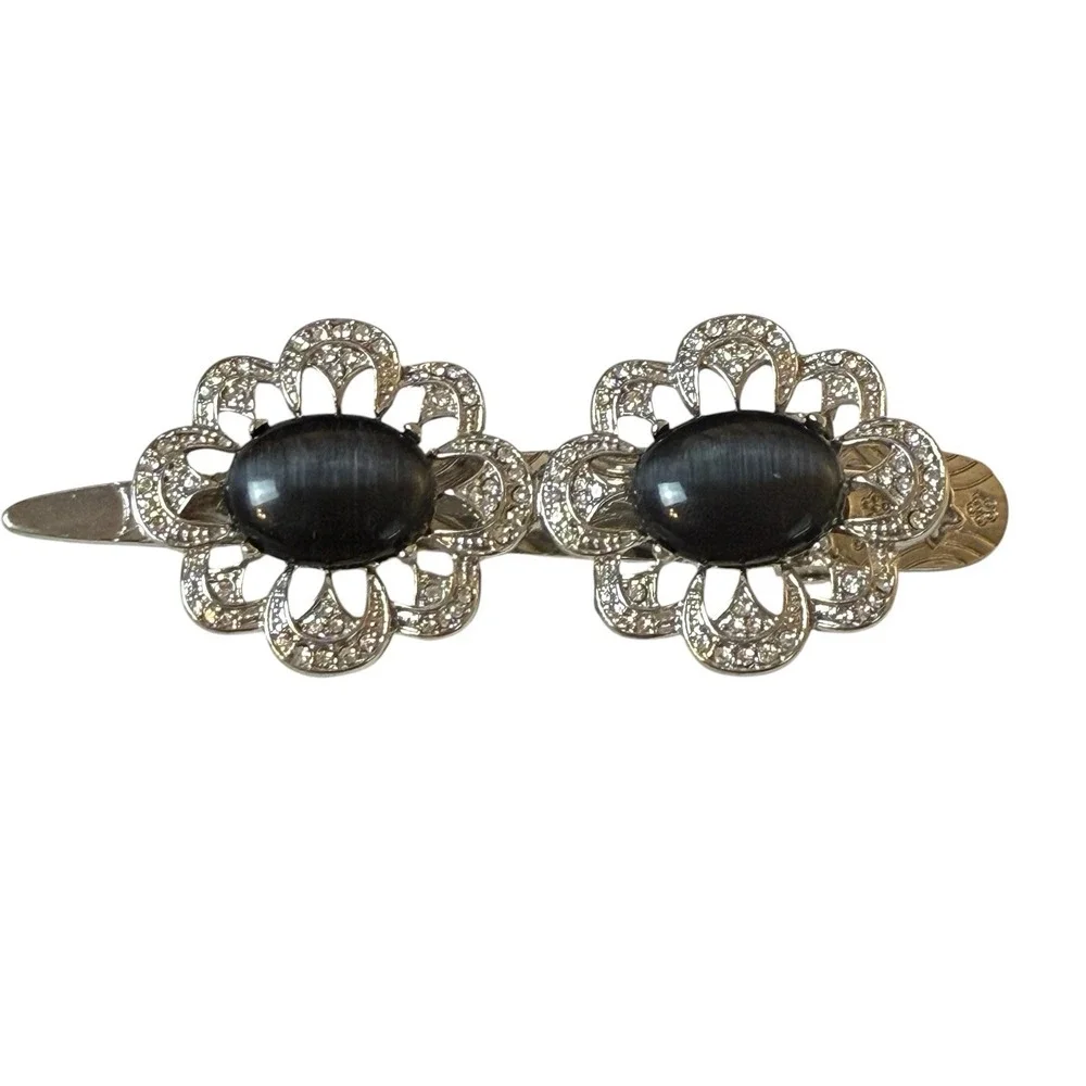 Vtg Art Deco Silver Tone Hair Clip Black Cat Eye Glass Victorian Gothic 4 Inch